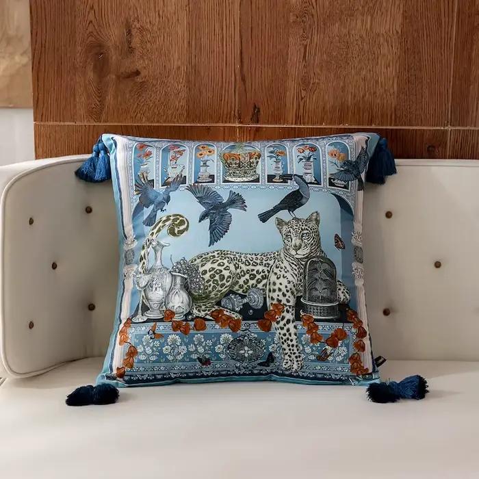 Juste de coussin en velours bleu, motif léopard, animaux de la jungle, rétro, décoratif, pour canapé
