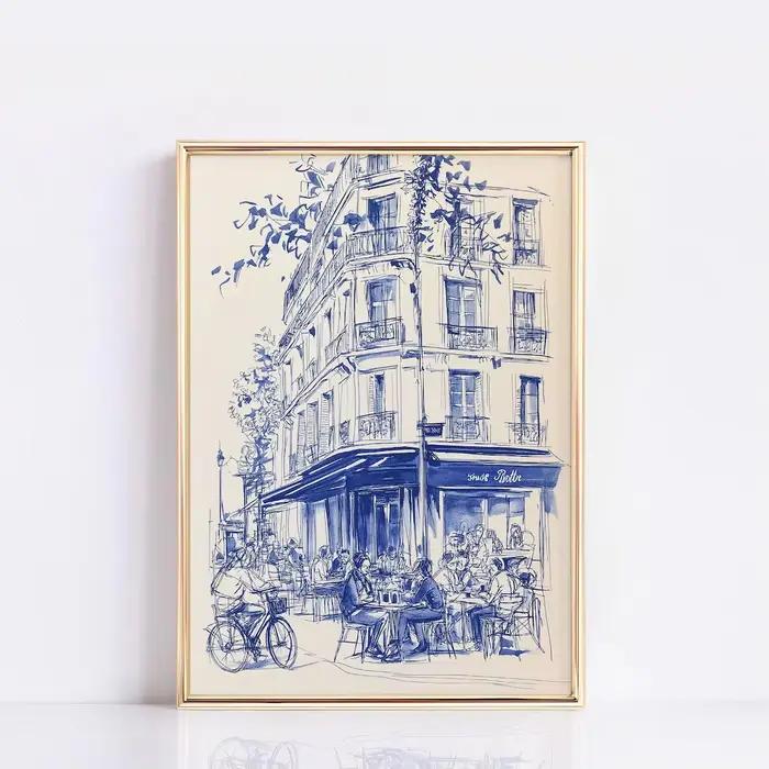 Affiche d'art linéaire Café de Paris, Décoration murale Bistro français, Dessin minimaliste de Paris
