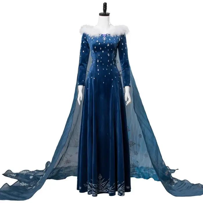 Robe de cosplay Elsa, jupe longue en velours bleu profond, col en peluche, cape brodée de flocons de