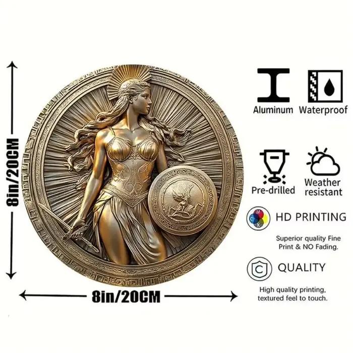 Art mural rétro de la déesse grecque Athéna, panneau rond plat en aluminium 2D avec décor d'épée et 
