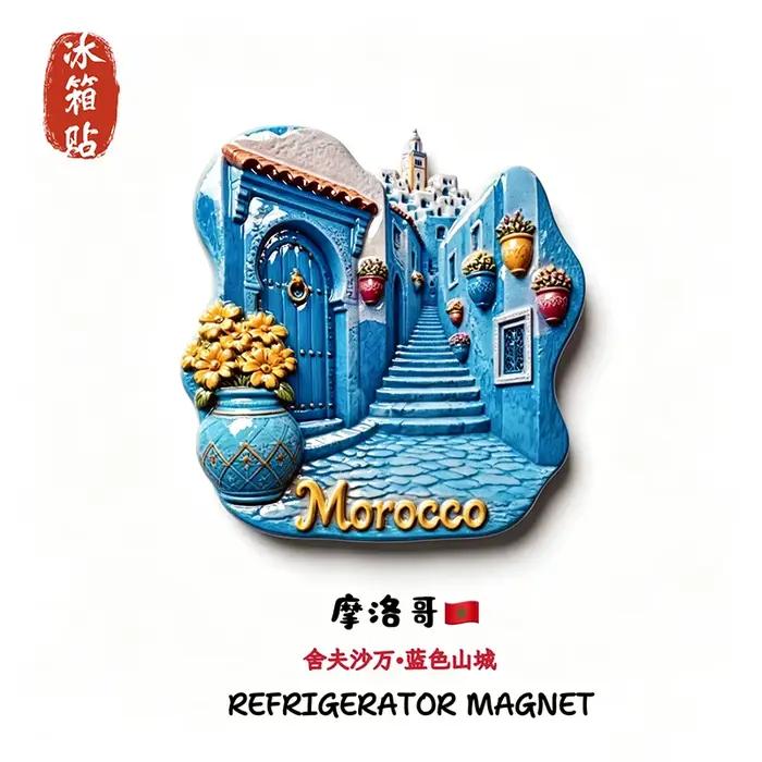 Maroc, Shefshavan, Blue Mountain City, Stéréoscopique 3D, Souvenirs touristiques, Peinture en résine