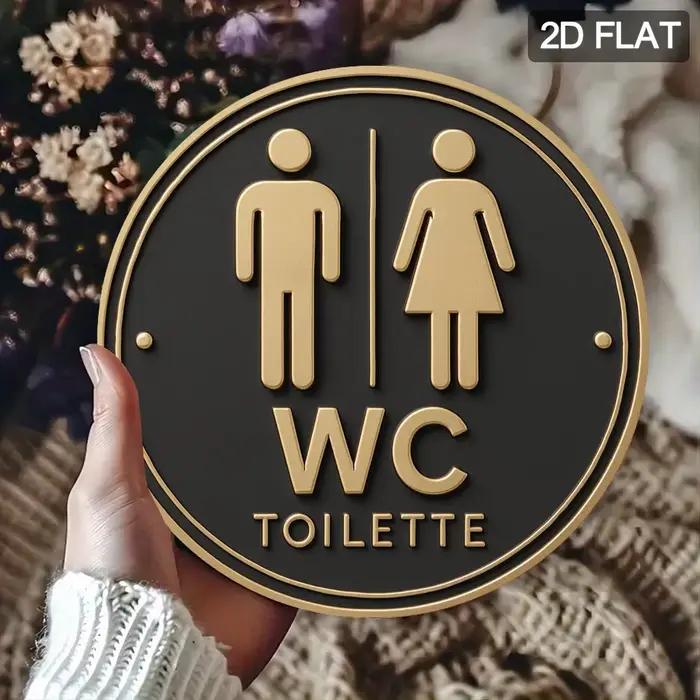 Panneau de toilettes allemand rond moderne, art mural 2D en métal plat pour porte de salle de bain
