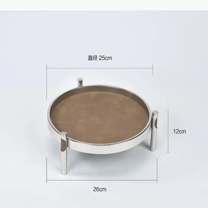 Plateau en cuir et acier inoxydable sur pieds hauts, plateau de rangement, plateau à bijoux, support