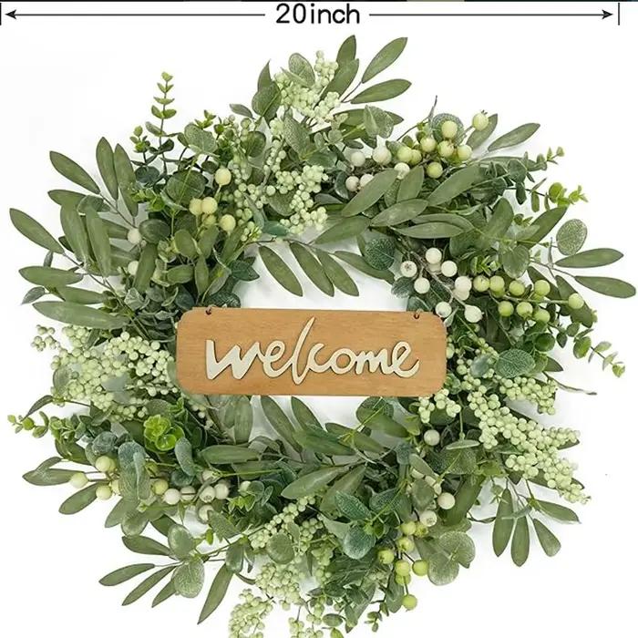 Couronne d'eucalyptus vert, feuilles d'olivier et baies mélangées, couronne de style campagnard, déc