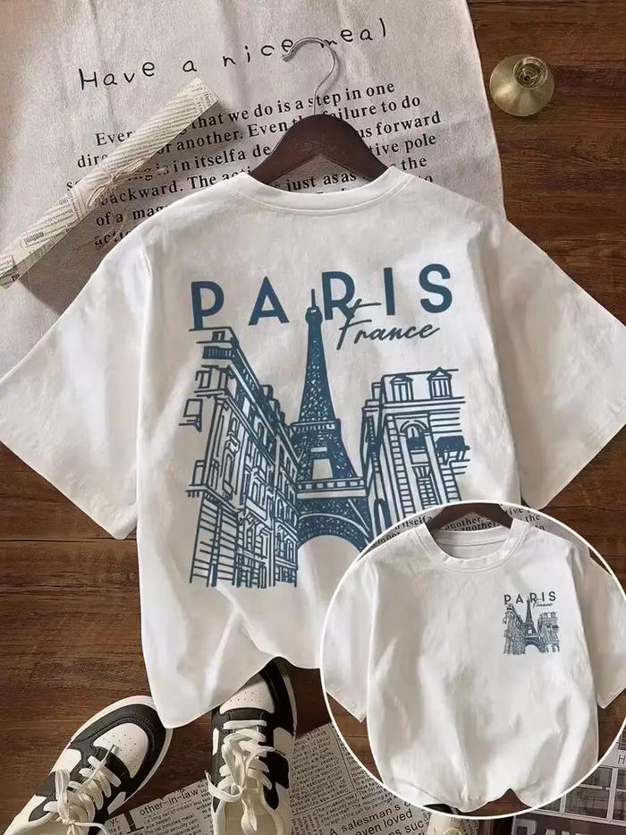 T-shirt français Paris « Paris France » avec imprimé croquis de la Tour Eiffel, hauts à manches cour