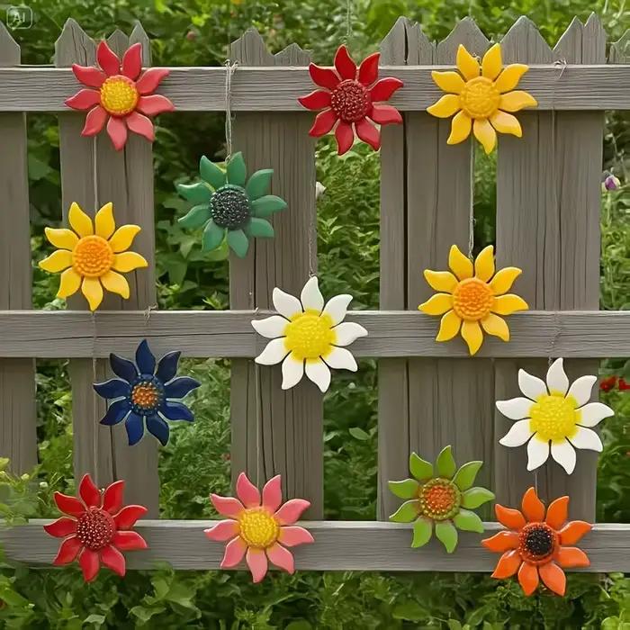 8 décorations murales en métal coloré en forme de fleurs, adaptées au jardin, à la cour, à la décora