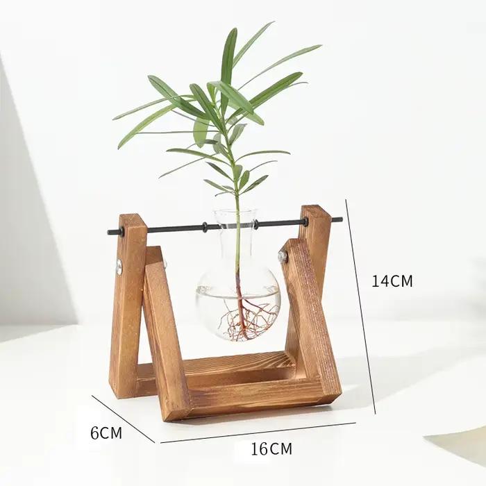 Vase en verre hydroponique à cadre en bois créatif, style ins rétro, plante de lierre vert, récipien