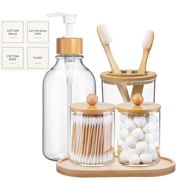 Ensemble d'accessoires de salle de bain en bambou, avec plateau, distributeur de savon en plastique,