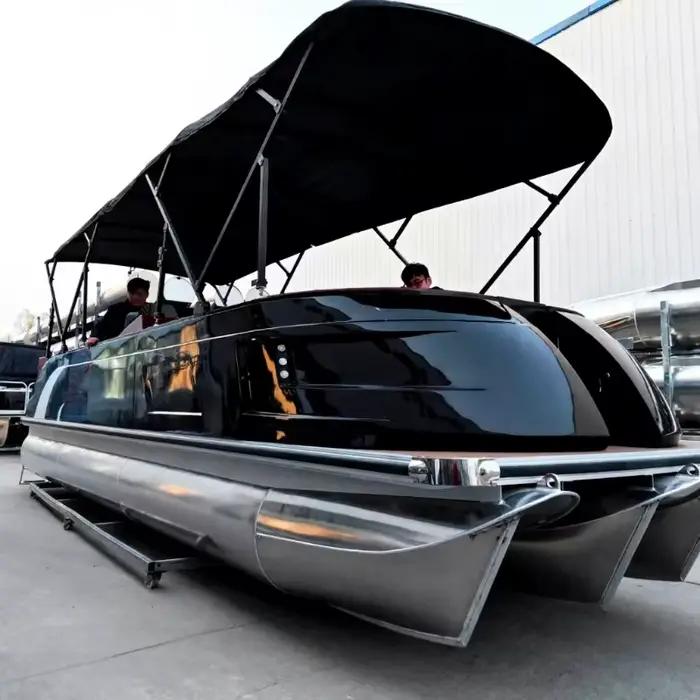 Bateau ponton de luxe personnalisé pour fêtes, avec moteur hors-bord, coque en fibre de verre, batea