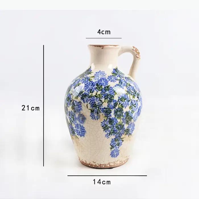 Vase en porcelaine bleue et blanche, pot rétro en céramique, fleurs bleues peintes à la main, pot de
