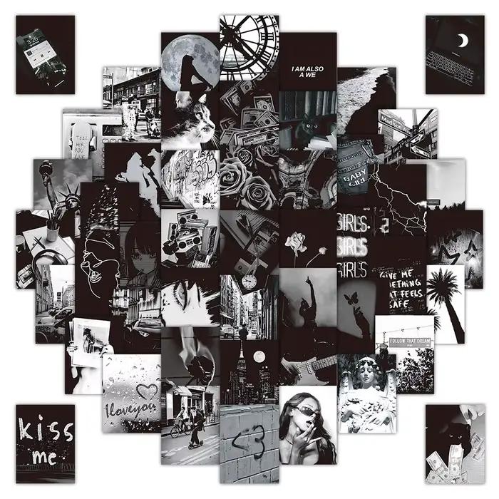 Kit de collage mural esthétique noir et blanc, 50 feuilles, impressions photo vintage pour décoratio