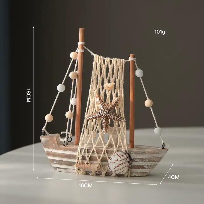 Modèle de bateau en bois vintage de 18 cm, finition vieillie, ton bois clair, voilier avec détails c