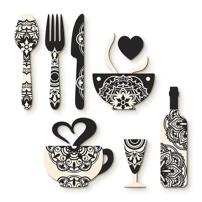 Ensemble de 8 décorations murales en bois noir et blanc sur le thème du café et du vin, avec adhésif