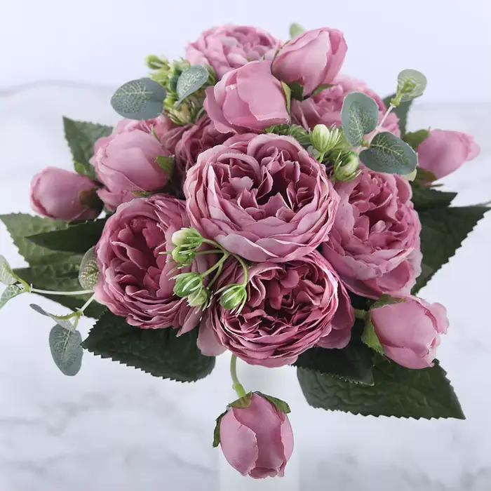 Bouquet de fleurs artificielles de pivoine rose, Vase de Table pour la maison, décor de mariage, fau