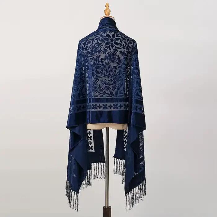 Velours Floral évider écharpe rétro ethnique gland écharpe velours Pashmina étole Babushka musulman 