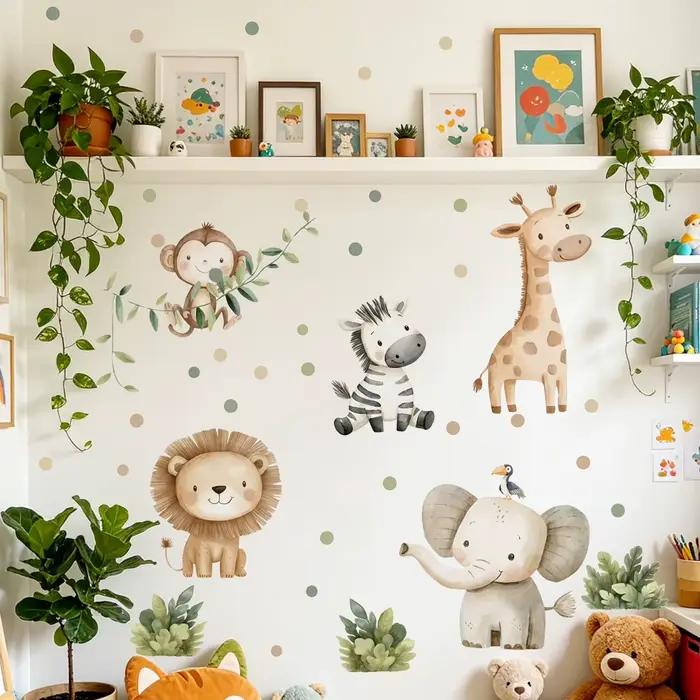 Autocollant mural en vinyle style bohème aquarelle jungle avec animaux sauvages - Lion, girafe, élép