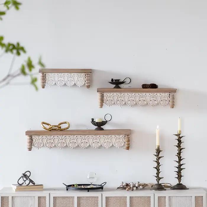 Étagère murale marocaine en bois naturel, étagère flottante sculptée marron clair, décor Boho Vintage fabriqué à la main, affichage d'accent rustique