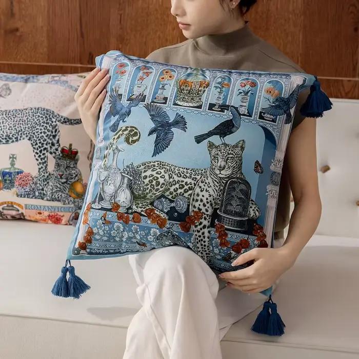 Juste de coussin en velours bleu, motif léopard, animaux de la jungle, rétro, décoratif, pour canapé, chaise, décoration d'intérieur, luxe