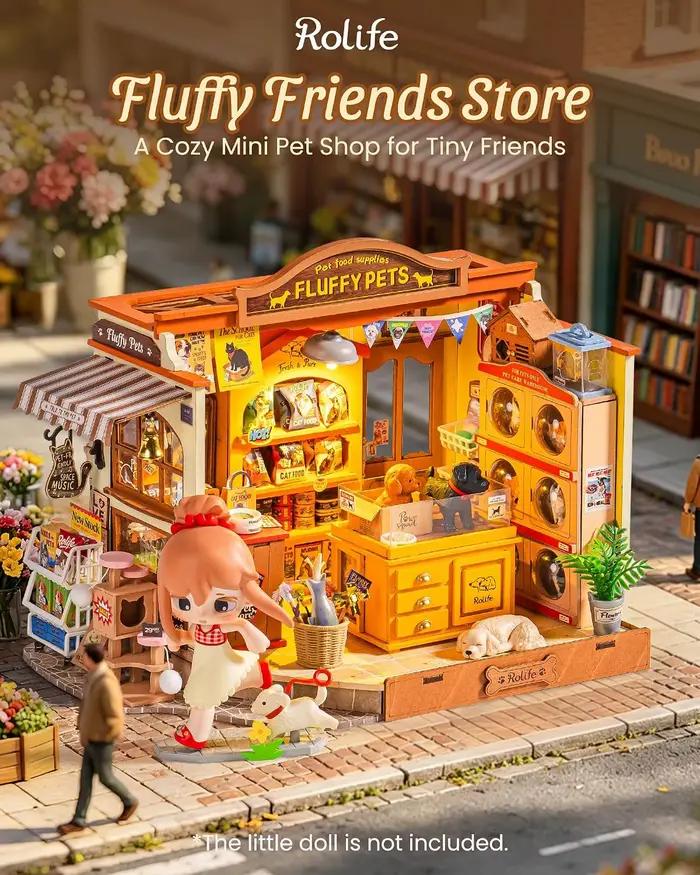 Kit de maison de poupée miniature Rolife Pet Store DIY, modèle de puzzle 3D en bois Fluffy Friends Store, diorama pour la décoration de la maison