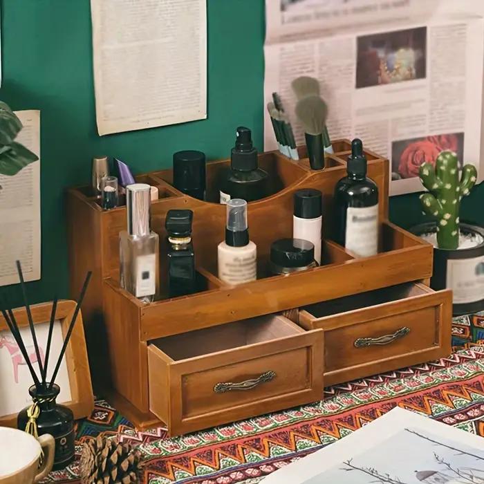 Organisateur de bureau en bois d'inspiration vintage – Vieurs compartiments pour cosmétiques et fournitures