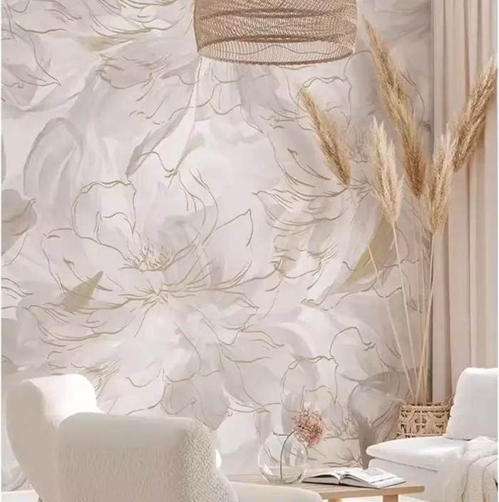 Papier peint mural personnalisé style crème art abstrait motif plumes fleurs fond soie résistant humidité absorption son écologique pour salon chambre enfant maison mariage occassions spéciales