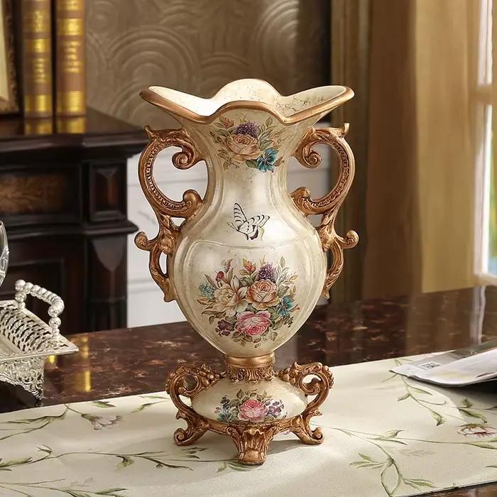 Vase en résine de palais de luxe européen, décoration de bureau, artisanat d'Auckland, cadeau de mariage, art de pot d'injFlower rétro, ornements de maison et de chambre