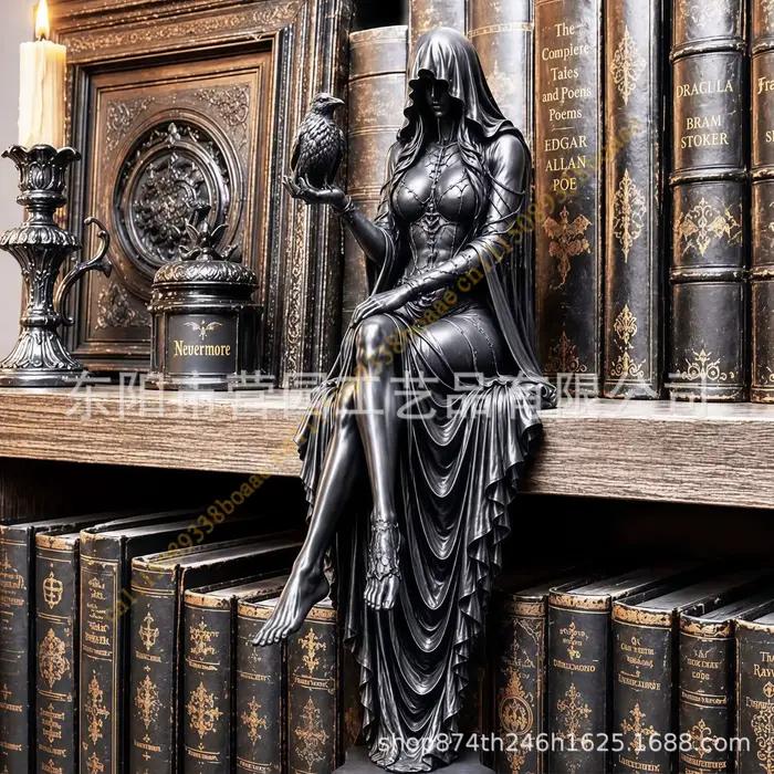 Statue Gothique Dame Sans Visage Corbeau en Résine Noire