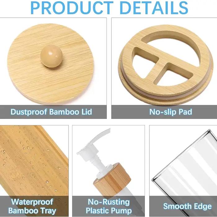 Ensemble d'accessoires de salle de bain en bambou, avec plateau, distributeur de savon en plastique, porte-brosse à dents transparent et 2 supports Qtip, boule de coton, 5 paquets