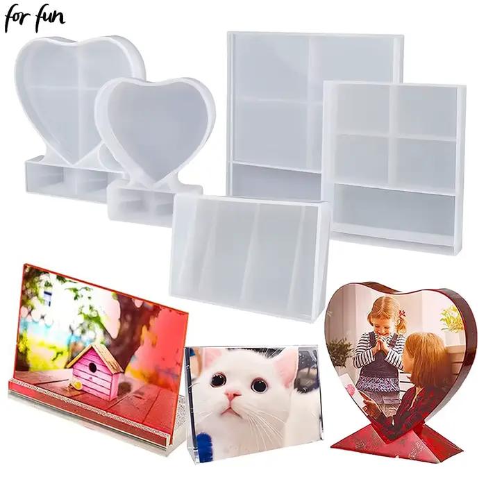 Moule en silicone époxy pour cadre photo en forme de cœur et carré, idéal pour la création de bijoux et d'objets décoratifs en résine DIY