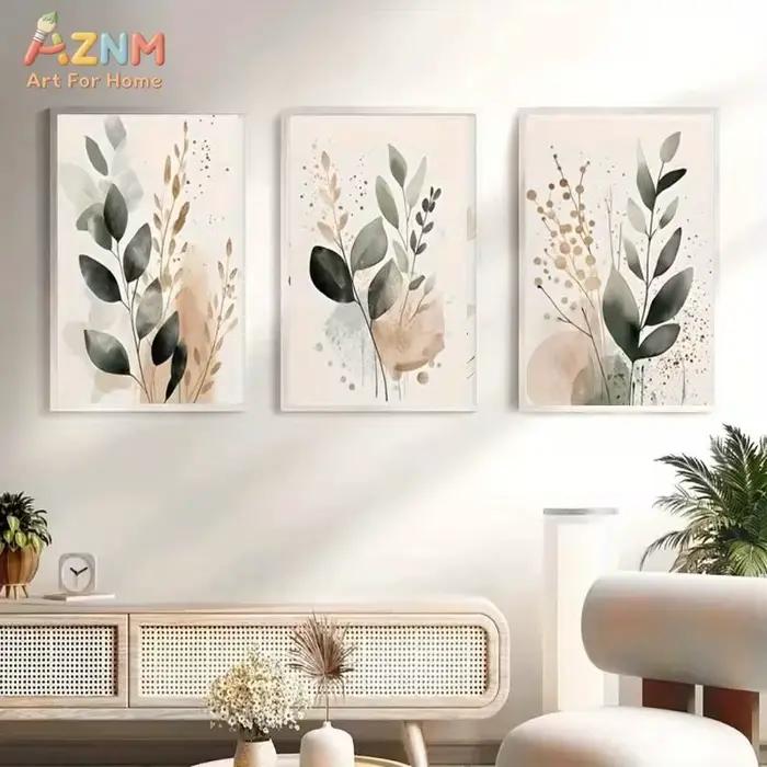 Lot de 3 impressions sur toile neutres à l'aquarelle d'eucalyptus