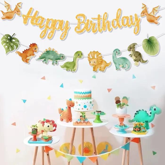 Guirlande de joyeux anniversaire de dinosaure, bannière rugueuse, ballons de fête, animaux de la Jungle, Safari, fournitures de décoration pour fête d'anniversaire pour enfants de 1er