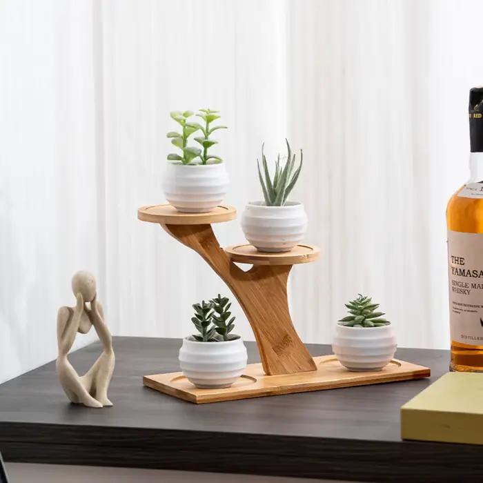 Étagère en bambou support de fleurs de bureau multicouche en forme de branche d'arbre