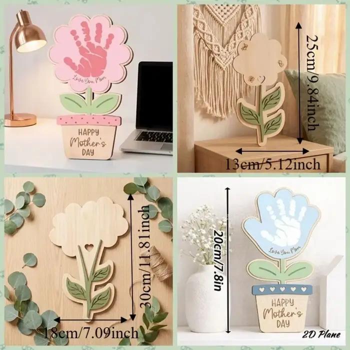 Plaque décorative peinte à la main pour la fête des mères, cadeaux pour maman, panneau DIY avec empreinte de main, ornement plat 2D, artisanat floral en bois