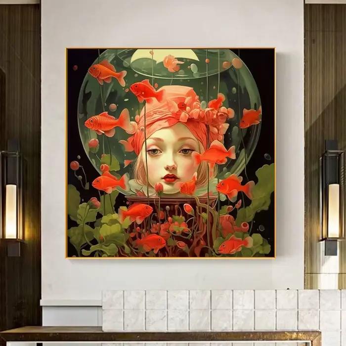 Surréalisme femme Portrait toile peinture mur Art merveilleux fantaisie poisson et fille affiche imprime pour salon décor à la maison