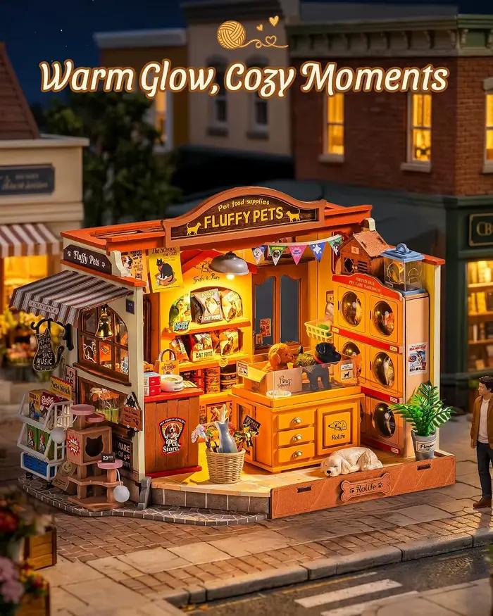 Kit de maison de poupée miniature Rolife Pet Store DIY, modèle de puzzle 3D en bois Fluffy Friends Store, diorama pour la décoration de la maison