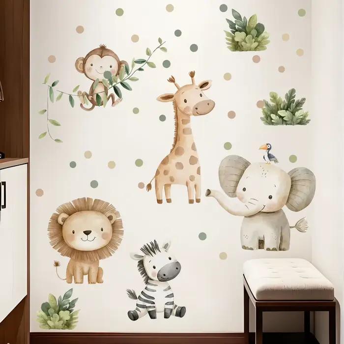 Autocollant mural en vinyle style bohème aquarelle jungle avec animaux sauvages - Lion, girafe, éléphant, zèbre et feuillage vert pour la décoration intérieure