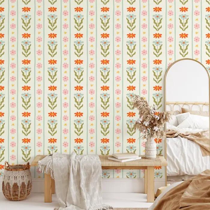 Papier peint à rayures florales colorées de luxe