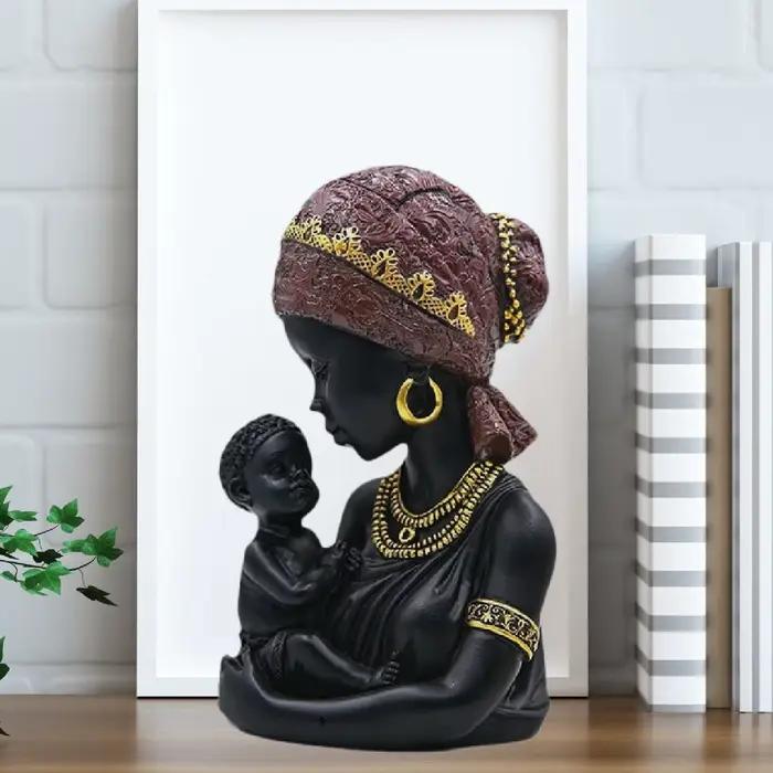 Statue africaine mère et enfant, buste d'art africain, Sculpture mère et enfant pour bibliothèque, étagère d'hôtel, table d'entrée