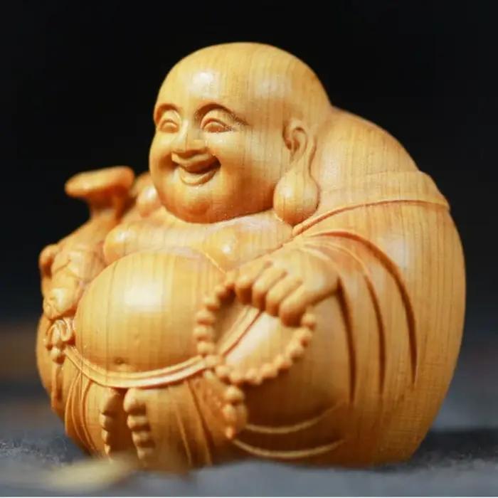 Sculpture Miniature de Bouddha Laitreya en Bois