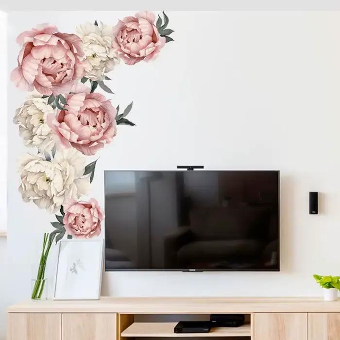 Autocollant mural en forme de fleurs de pivoine et de rose