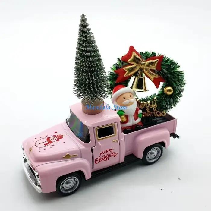 U2JC – décorations camion noël, pick-up en métal avec cloches à nœud papillon, couronne noël, ornements d'arbre père