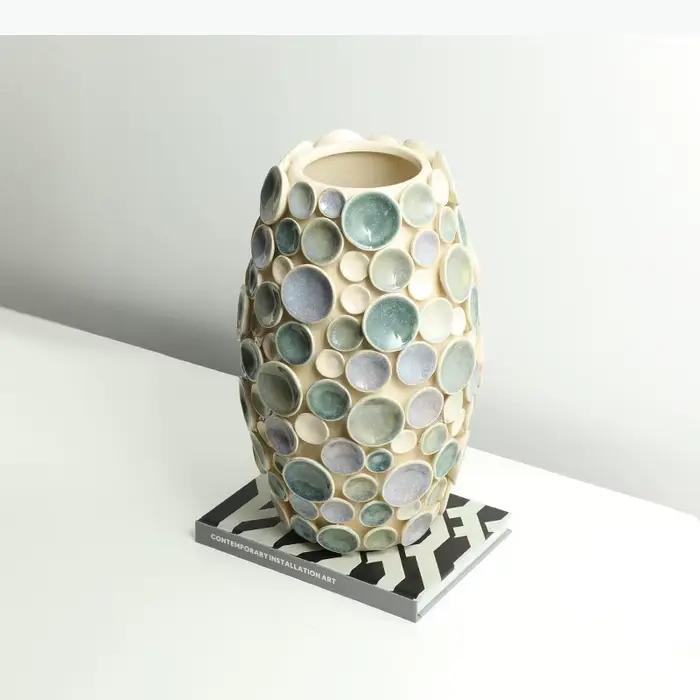 Vase en céramique émaillée circulaire peint à la main, pots à fleurs, décoration de table, arrangement de fleurs, vases floraux, décoration esthétique de la pièce