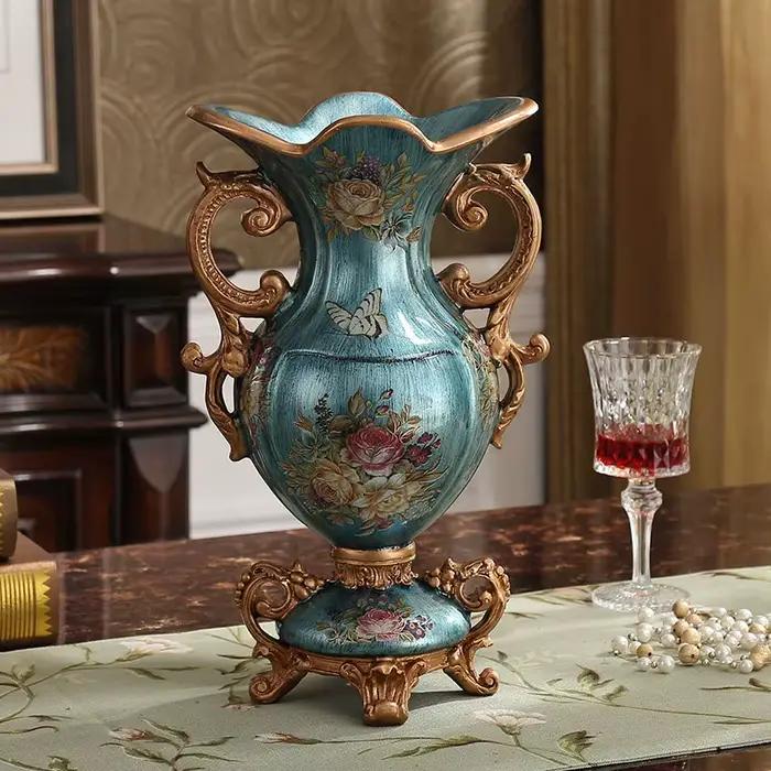 Vase en résine de palais de luxe européen, décoration de bureau, artisanat d'Auckland, cadeau de mariage, art de pot d'injFlower rétro, ornements de maison et de chambre