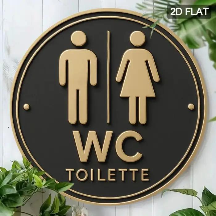 Panneau de toilettes allemand rond moderne, art mural 2D en métal plat pour porte de salle de bain