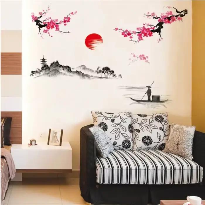 Style chinois Sakura japonais rose fleur de cerisier arbre décoration murale décalcomanies autocollant Mural affiche papier peint décor.