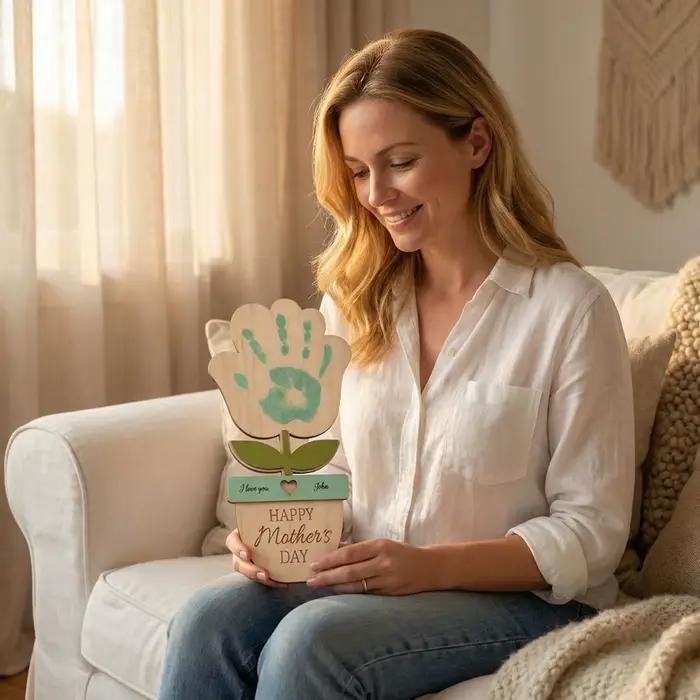 Plaque décorative peinte à la main pour la fête des mères, cadeaux pour maman, panneau DIY avec empreinte de main, ornement plat 2D, artisanat floral en bois