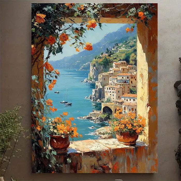 Toile d'art avec vue sur la mer méditerranéenne - Peinture de la côte d'Amalfi