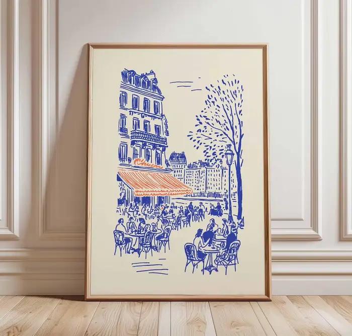 Affiche d'art linéaire Café de Paris, Décoration murale Bistro français, Dessin minimaliste de Paris, Illustration de café européen