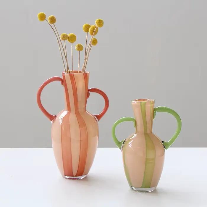 Vase en verre coloré avec poignée rétro, pichet, bouilloire à eau, vase à fleurs, hydroponie, terrarium, pot de fleurs, pots, décoration d'intérieur