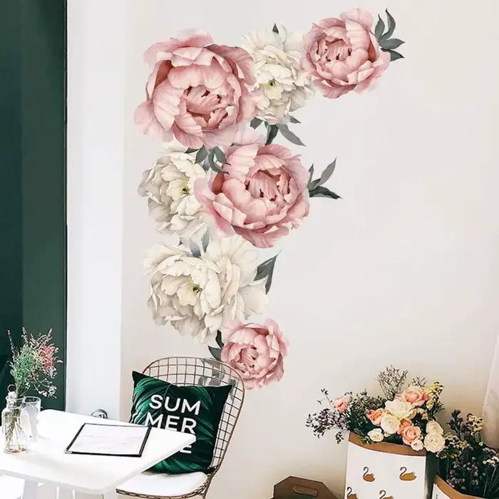 Autocollant mural en forme de fleurs de pivoine et de rose